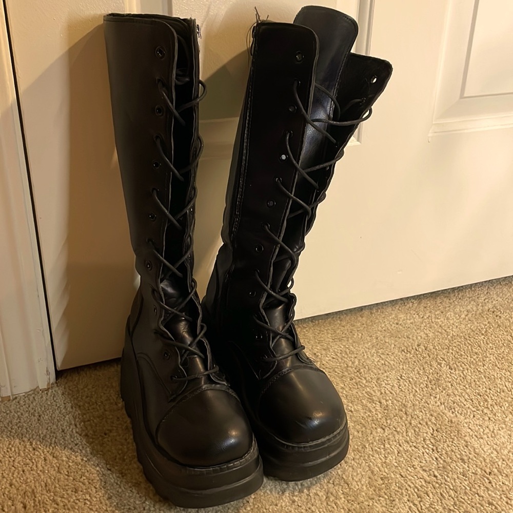Black Platform Knee-High Combat Boots